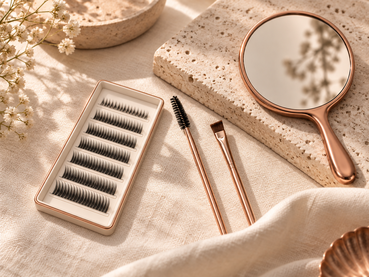 Illustrative beauty arrangement with lash trays, a copper mirror and brushes
