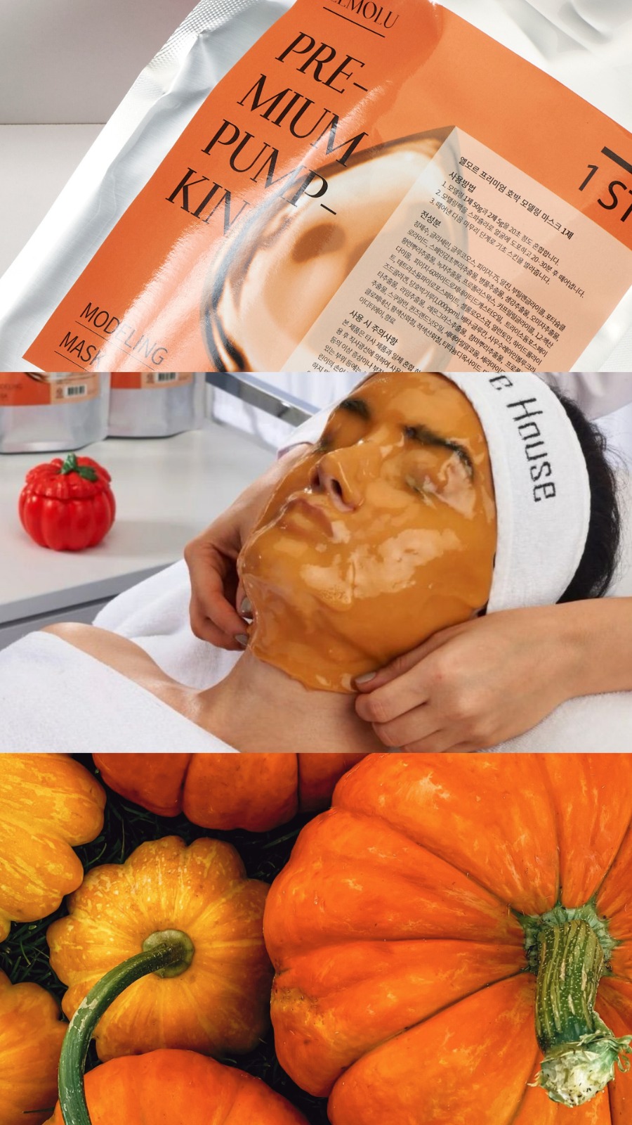 FAU Pumpkin maske ambalajı, maske uygulaması ve bal kabaklarından oluşan kolaj